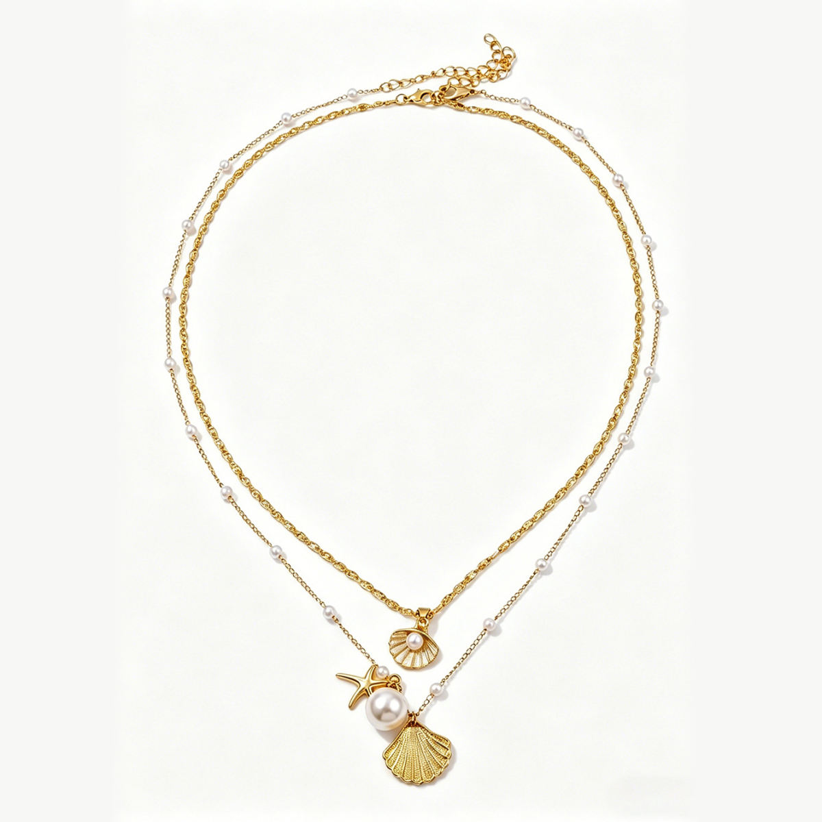 New US Style Starfish Shell Pendant Beaded Necklace, Vintage Versatile Ocean Vacation Neck Chain For Summer