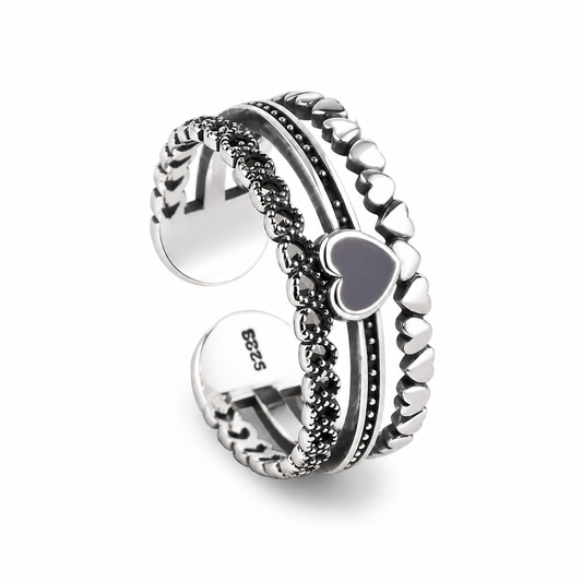 Three Row Multi-Textured Heart Open Adjustable Ring For Women, Oxidized Silver Plated Copper Black Enamel Retro Stackable Love Daily Jewelry Gift