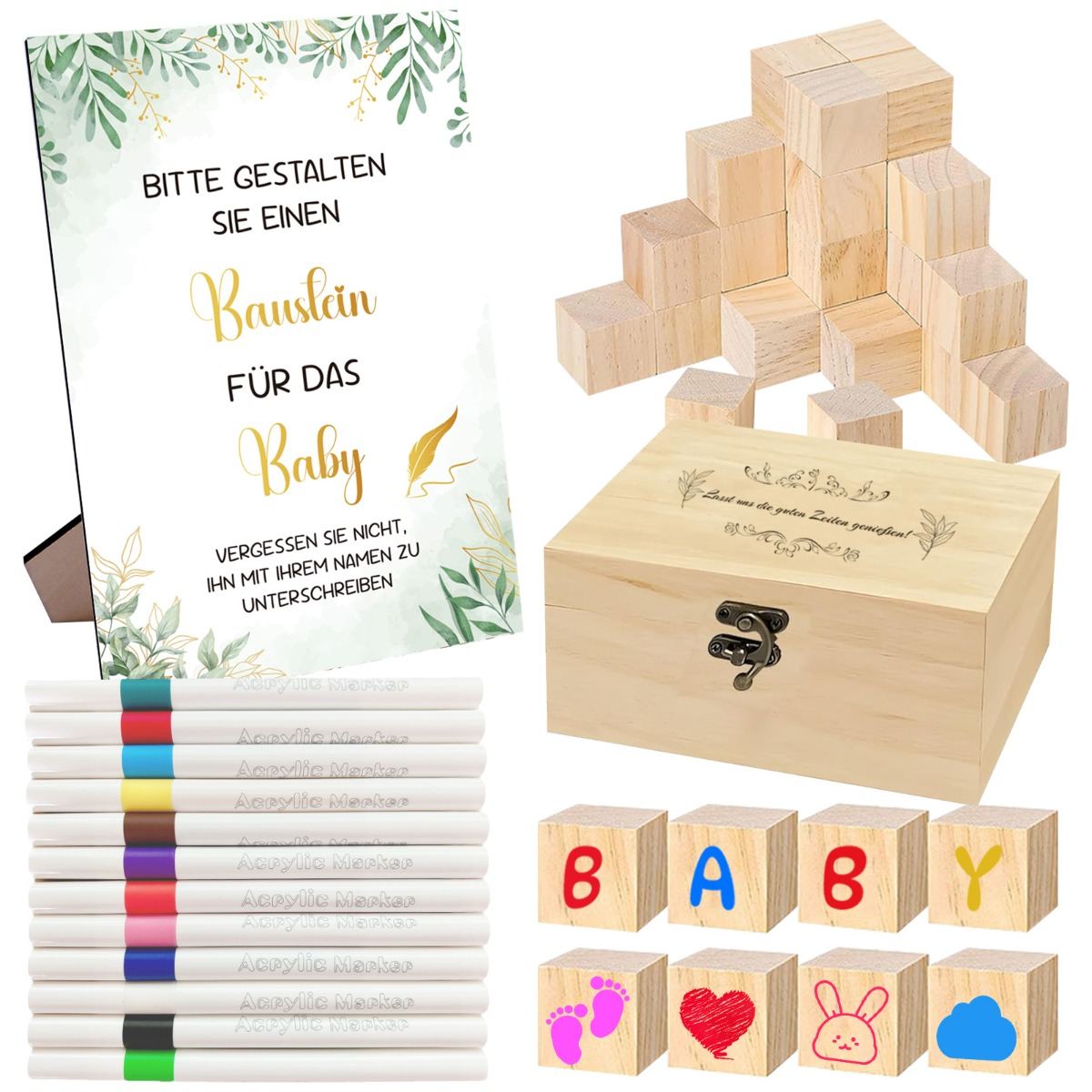 Handcrafted Memory Blocks Gift Set – An Alternative To A Baby Shower Guest Book, Featuring A Wooden Box, 52 Blocks, And 12 Acrylic Pens For Stylish Keepsakes And Nursery Decor