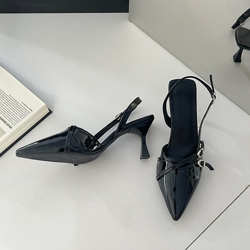 Women 2026 Summer New Pointed Toe Kitten Heel Closed Toe Sandals, British Style High Heels With Single Strap Buckle