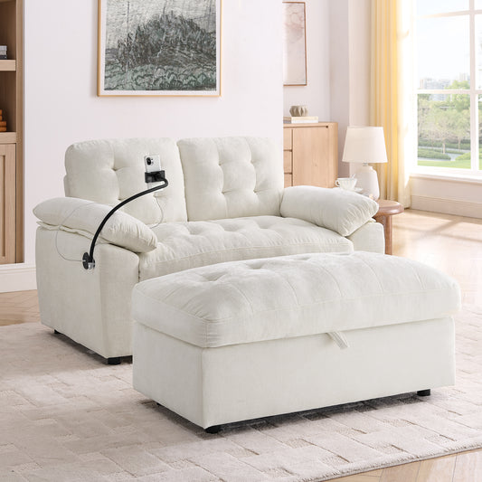Leisure Sofa Chair,Double Sofa Recliner, With Manually Adjustable Backrest, Soft Padded Armrests, Side USB Charging Port And Phone Stand, Comes With A Matching Storage Ottoman-Beige