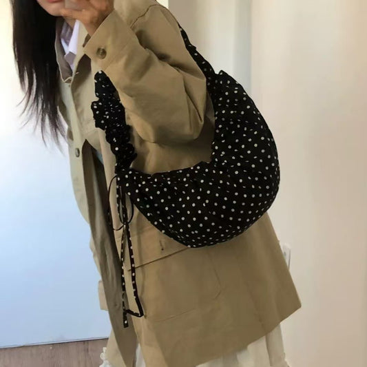 Retro Polka-Dot Korean Instagram-Style Niche Cute Lace-Up Pleated Shoulder Bag