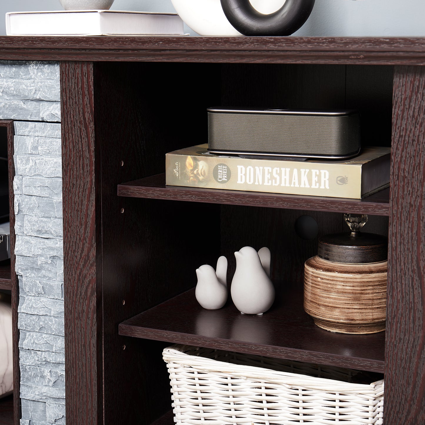 Large Faux Stacked Stone TV Stnad, Desk Storage Rack, Media Console Table With Large Storage Cabinet,Modern TV Media Entertaionment Stand,Cherry, 70.12 Wx15.35 Dx25.83 H