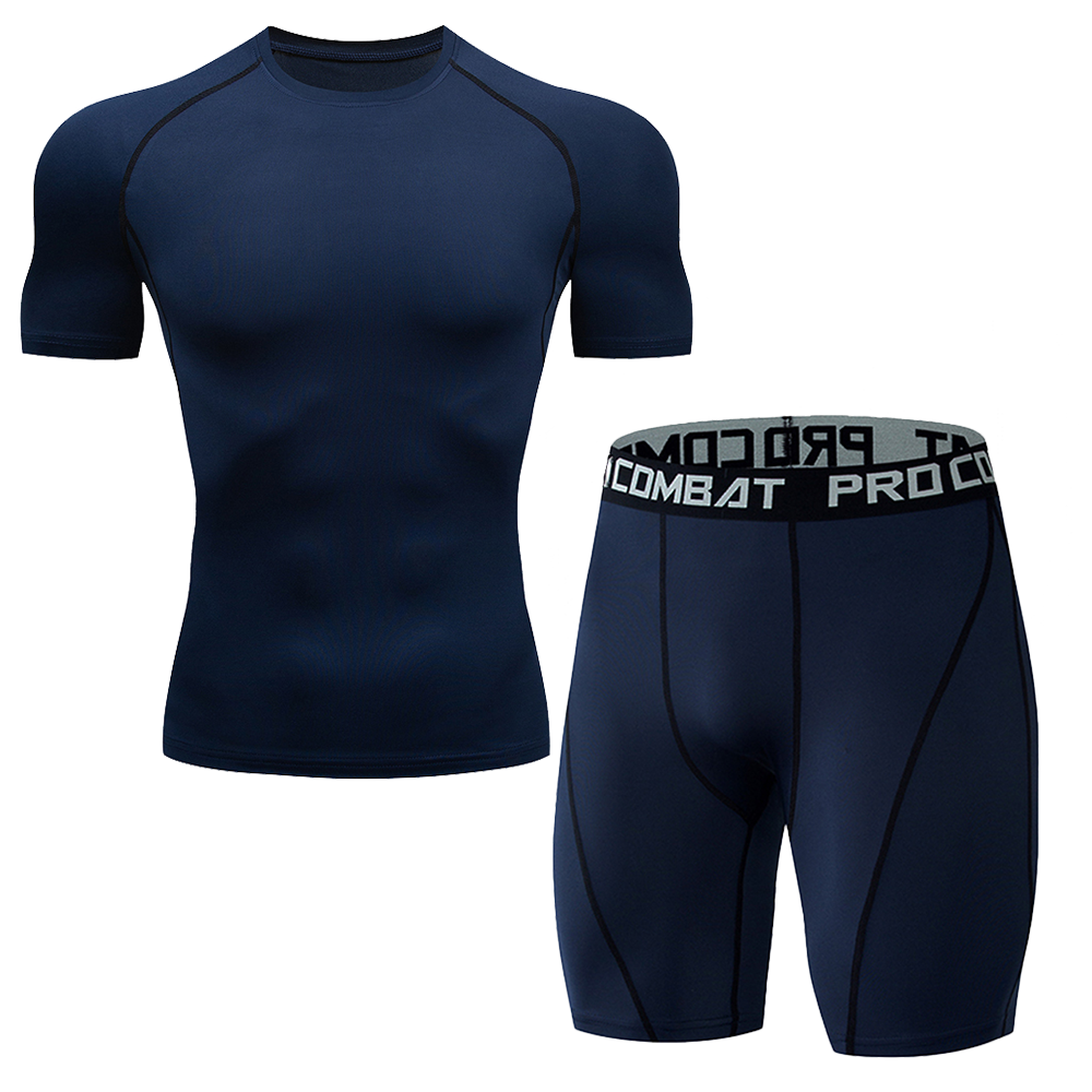 Men Quick Dry Compression Suit 2 Pieces Athletic Short Sleeve Tight Shirt Elastic Waist Sports Shorts Gym Running Training Fitness Base Layer Underwear Set
