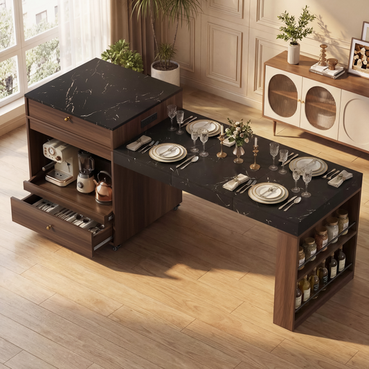 78.8inch Rolling Kitchen Island With 3-Stage Extendable Dining Table Seats 6-8,Built-in Power Outlet, Ample Storage Drawers & Cabinets,Mobile On Wheels - High-Density MDF,Easy Assembly Walnut