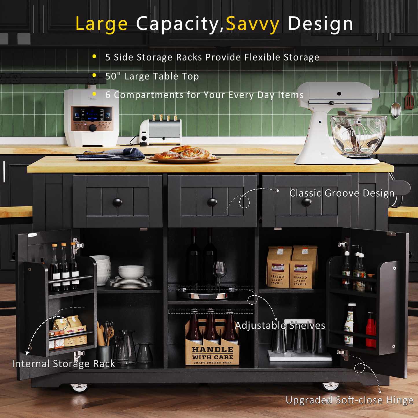 K&K 53inch Large Kitchen Island With 2 Bar Stools, Power Outlet,Door Internal Storage Rack, Kitchen Storage Cart On 5 Wheels With Drop Leaf, 5 Open Side Racks, 3 Drawers,Black  Three Packages