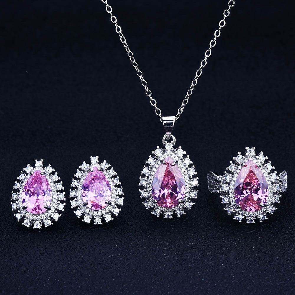 New Luxury European And American Style Gemstone Set For Women, Princess Diana Style Royal Blue Teardrop Pear-Shaped Micro-Encrusted Ring, Earrings, And Necklace