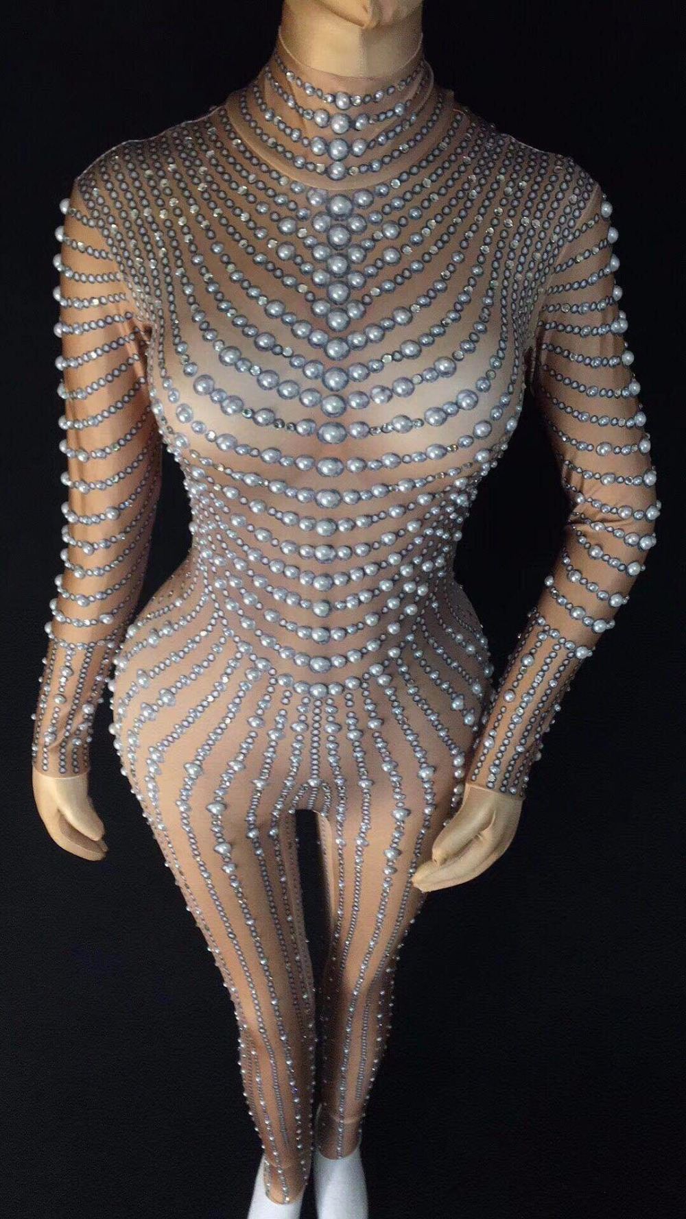 Singer Dance Yoga Rings Skin Tone Pearl Stretch One-piece Women's
