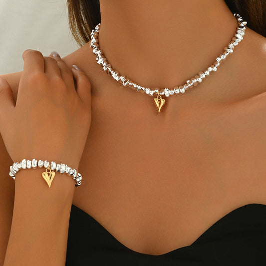 Best Selling Cross-border European American Women Jewelry Set, Geometric Heart Crushed Silver Irregular Design Clavicle Necklace & Matching Bracelet, Versatile Daily Neck Wrist Accessories
