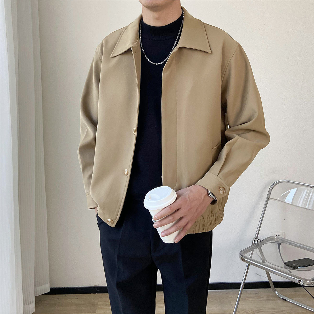 SpringAutumn Korean-style Mature Mens Clothing Loose-fitting Cropped Style