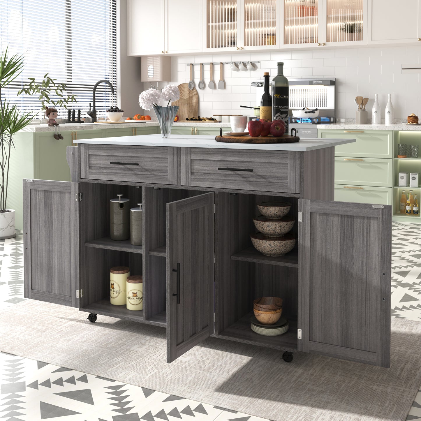 129x46-71x91.5cm Dining Table Trolley  Sideboard With Folding Table Top, Internal Shelves In The Cabinet Doors, Kitchen Island On 5 Wheels With Storage Cabinets And 2 Drawers, For The Dining Room,