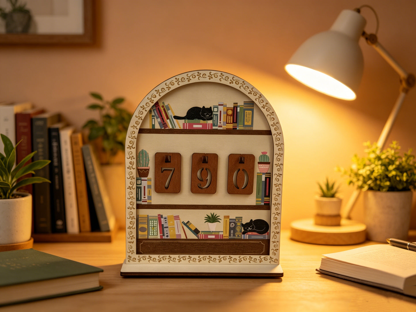 Wooden Black Cat Bookshelf Reading Tracker, Reusable Number Reading Counter, Desk Decor Book Log Perpetual Calendar