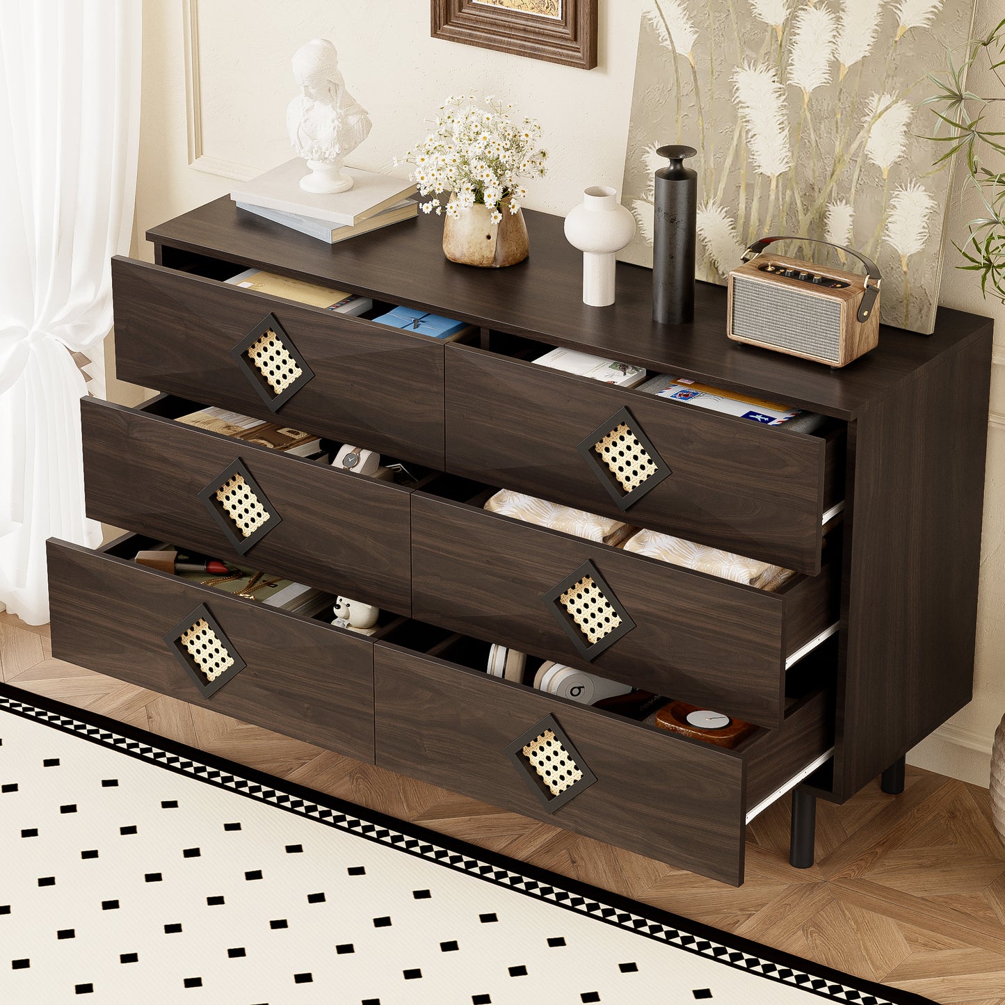 Elegant 6-Drawer Dressing Table With Rattan Handle, For Bedroom & Living Room  Practical Storage & Stability, Perfect For Your Home