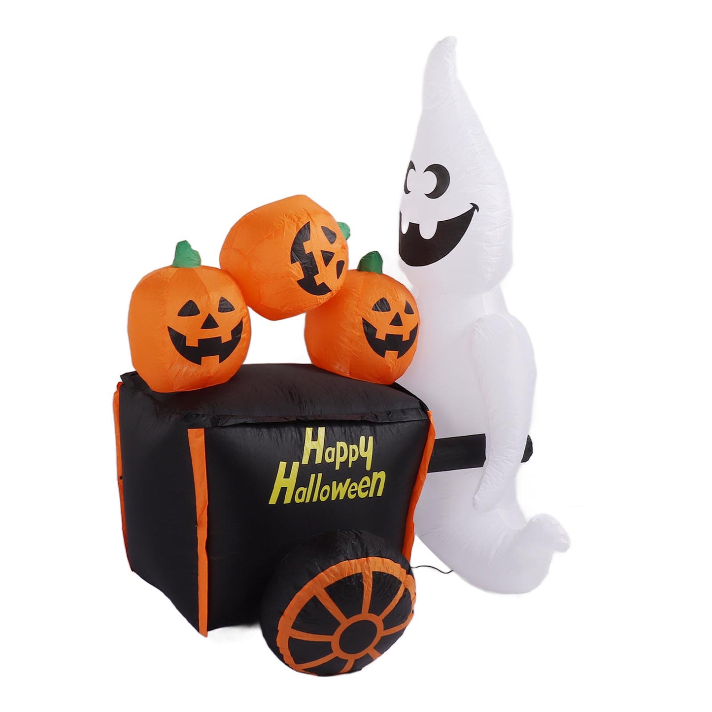 6ft Halloween Inflatable Ghost Pushing Pumpkin Cart Decor IP44 With Blower LED Lights Outdoor Inflatable Decoration US Plug 100‑240V