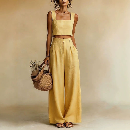 Womens Best-selling Square-neck Wide-leg Pants Set