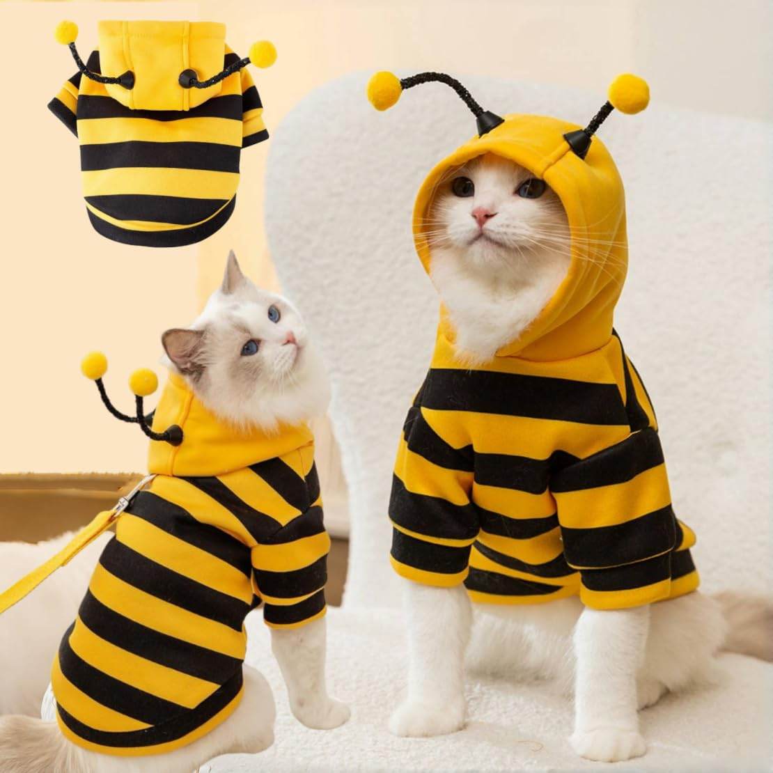 Cute Cat Bee Costume - Pet Halloween Apparel Bumble Bee Cosplay Clothes Antennae, Soft Warm Fleece Hoodie For Cats, Kittens, And Small Dogs, Perfect For Festival Party And Photo Shoot