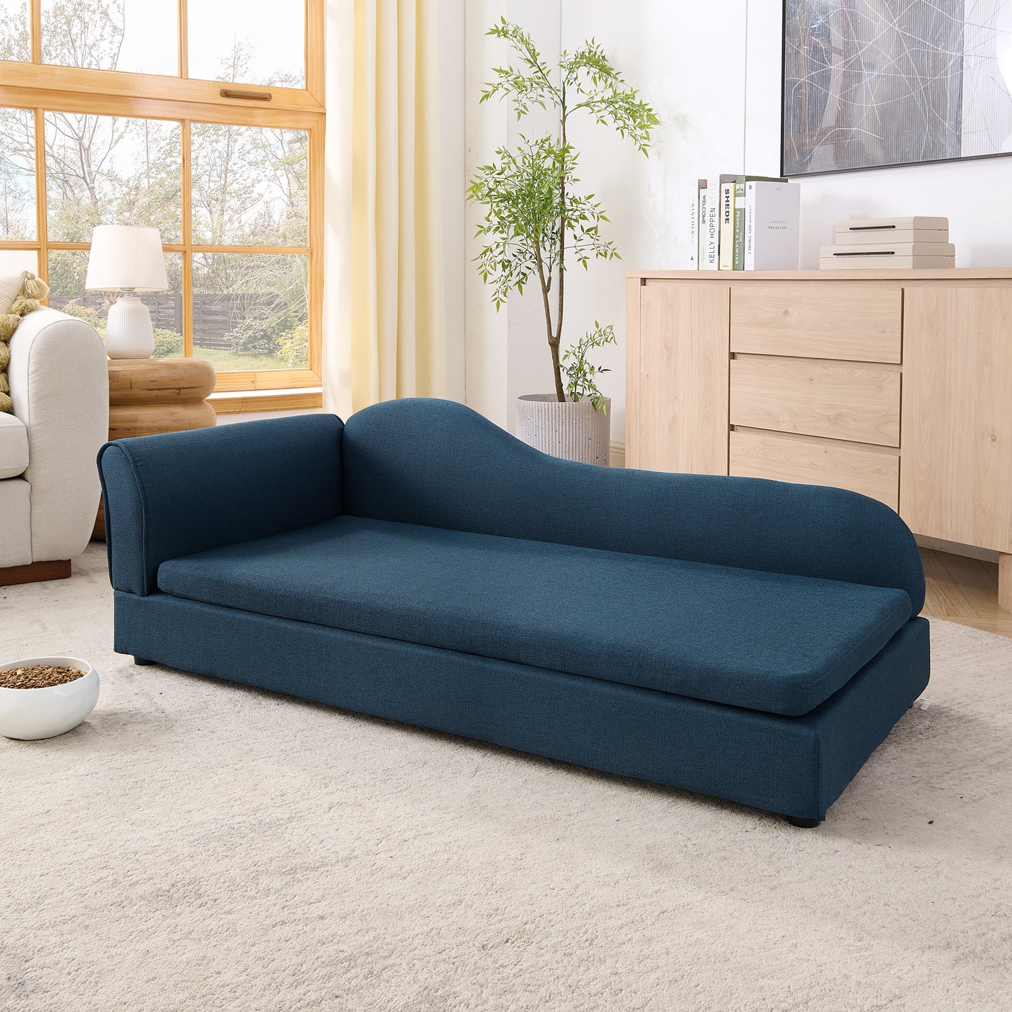 Oversized Pet Sofa For Medium Large Dogs - Modern Irregular Wave Backrest, Single Armrest, Premium Breathable Linen Fabric, Soft Cushion & Low Plastic Feet-Dark Blue