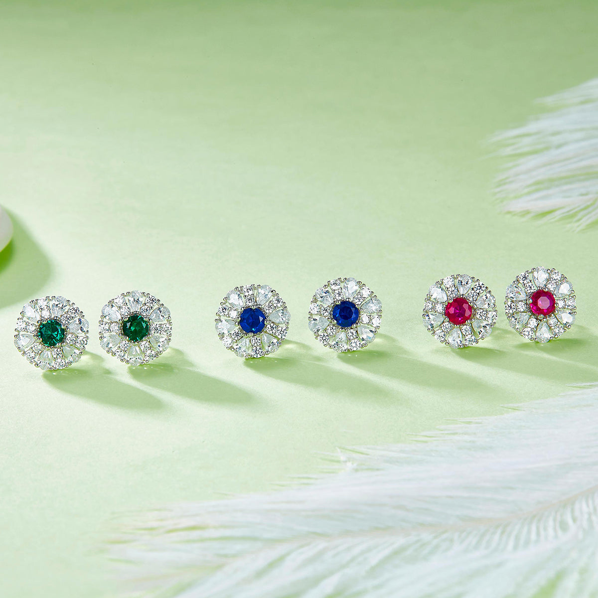 S925 Sterling Silver Cluster Stud Earrings, 3.5mm Lab-Grown Ruby Sapphire Emerald Halo, Platinum Plated 2.2g Women's Jewelry Gift Box