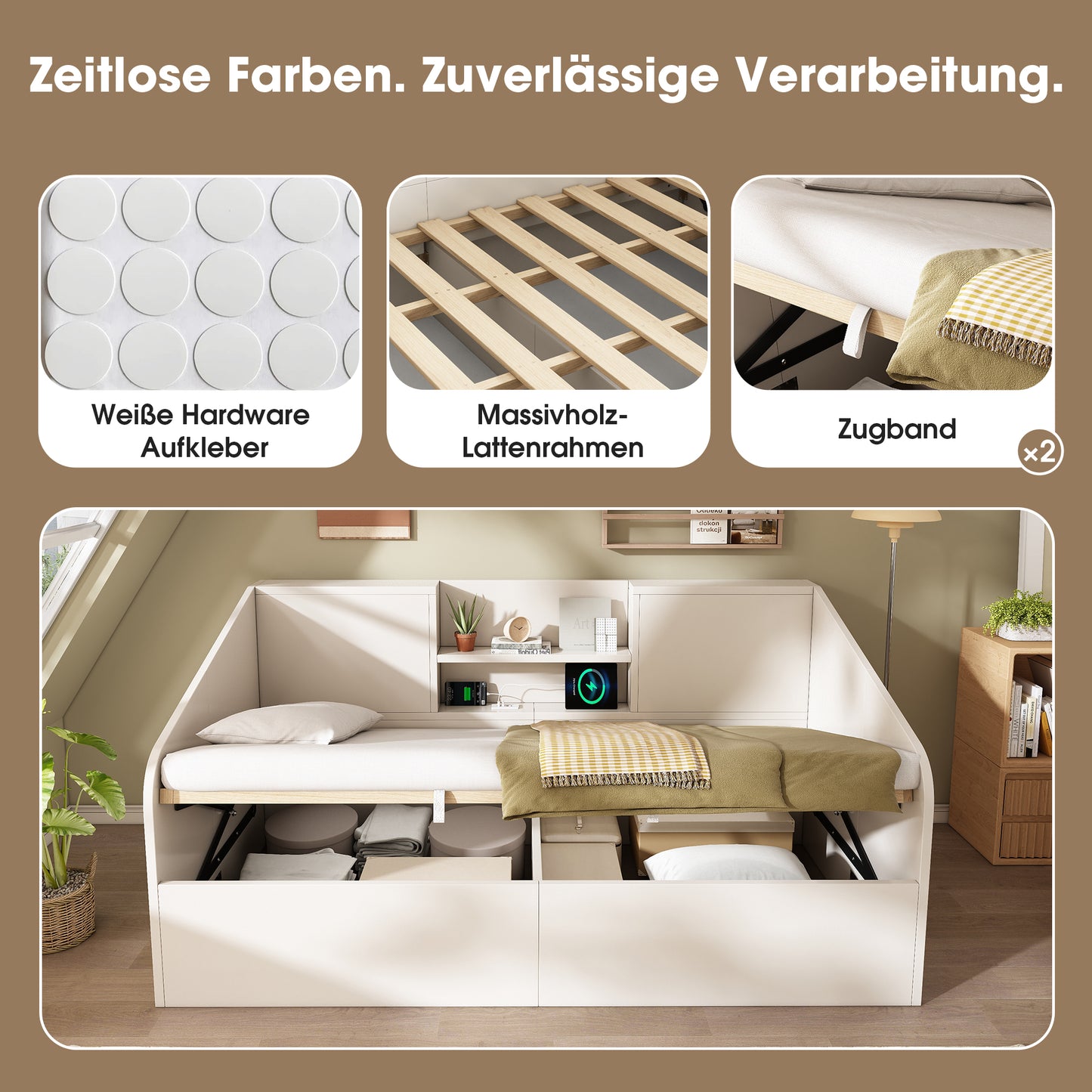 Hydraulic Daybed 90x190 Cm In White, Wooden Bed With 2 Shelves, Large Storage Space & USB-Type-C Charging Station, Slatted Frame Incl., Space-saving Single Bed Without Mattress