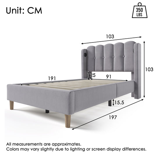 Upholstered Single Bed With USB And Type-C Charging, Bed Frame With Wooden Slatted Frame, Teenager Bed For Bedroom & Guest Room, 3ft 90 X 190 Cm Bed Frame, Grey, Linen Material
