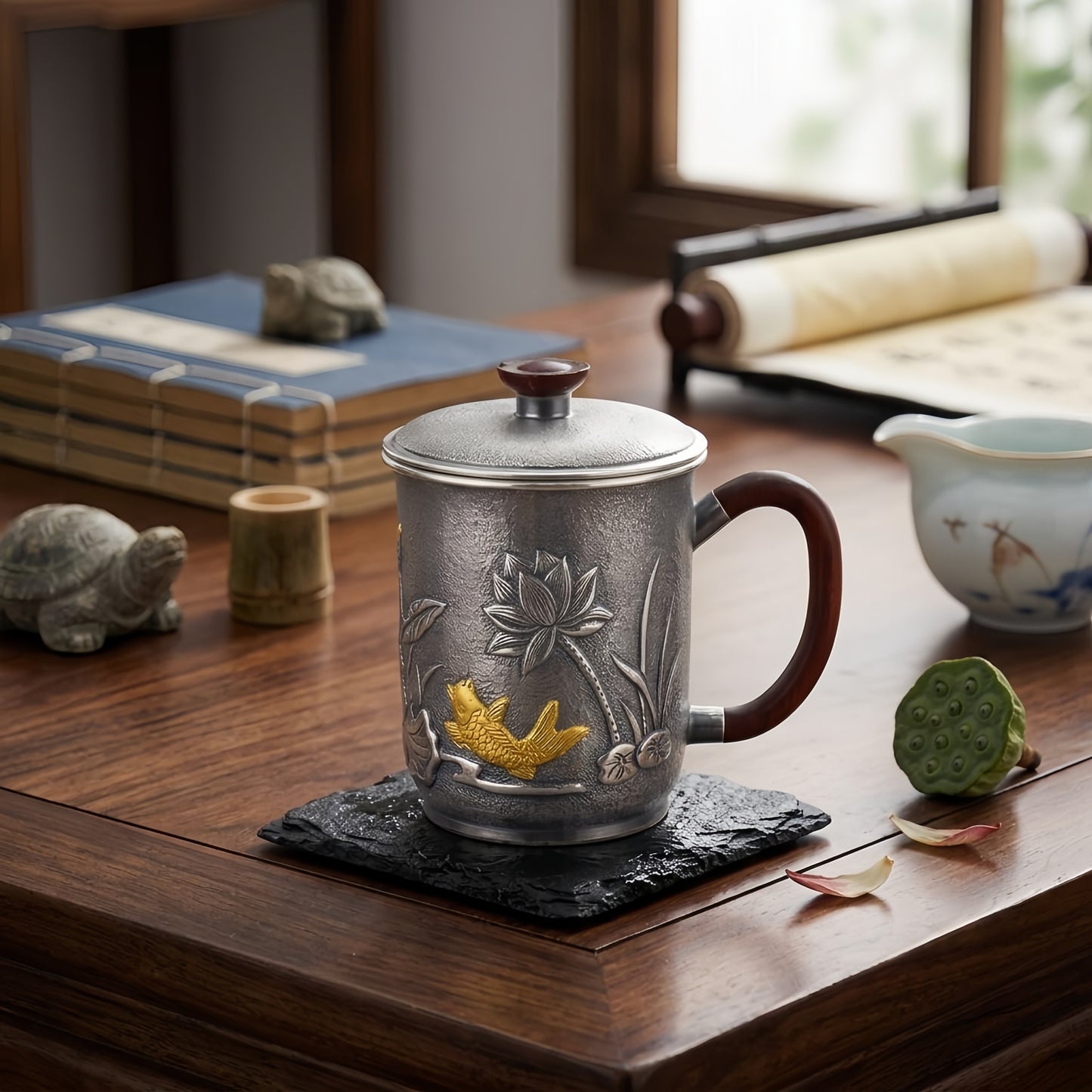 Pure 999 Fine Silver Elegant  Tea Cup with Gold Fish and Lotus Design-Premium Tea Mug - Handicraft