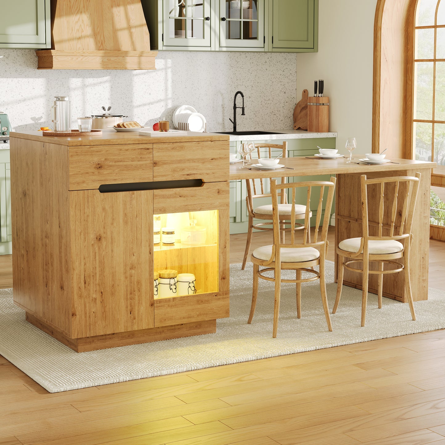 Kitchen Island With Extendable Table, Multifunctional Kitchen Storage Cabinet With LED Lighting  App Control , Oak Effect, Glass Door, For Kitchen & Dining Room