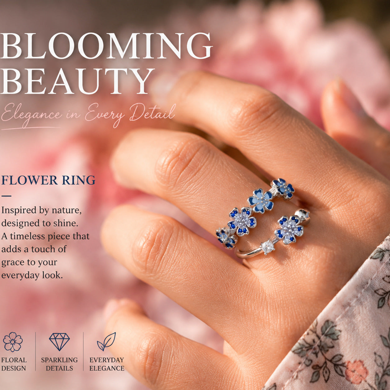 Hot Selling On Amazon & Temu, Copper Flower Ring For Women, Elegant Premium Floral Ring With Dense Paved Beads, Fashion Ladies Jewelry Wholesale