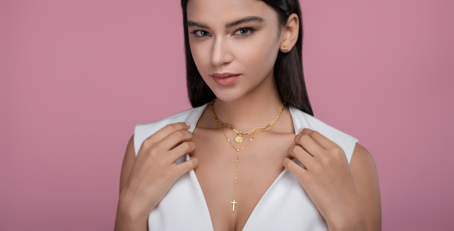 S925 Silver Gold Plated Layered Necklace, Paperclip Coin & Cross Y-Drop, 0.1ct D-VVS1 Moissanite, 14.4g Jewelry Gift Box