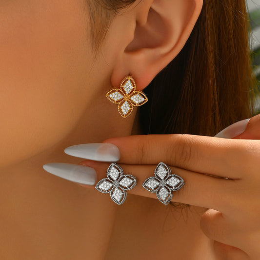 Light Luxury European American Women Stud Earrings, Versatile Four-Leaf Clover Floral Design Inlaid Cubic Zirconia, Premium Daily Fashion Ear Jewelry For Ladies
