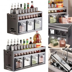 2 Tiers Wall-mounted  Countertop Spice Rack Jars Shelves Stand Kitchen Organiser-4-Grids