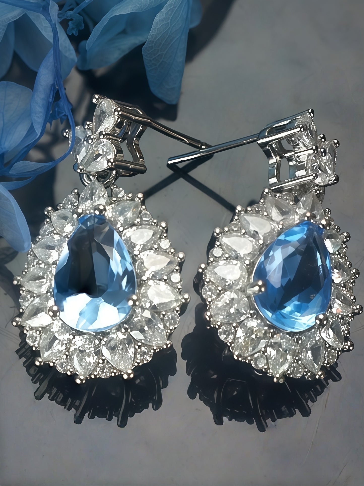 Pear Shaped Sky Blue Gem Double Halo Dangle Drop Earrings For Women, Copper Silver Plated Marquise White Crystal Vintage Bridal Banquet Statement Jewelry Gift