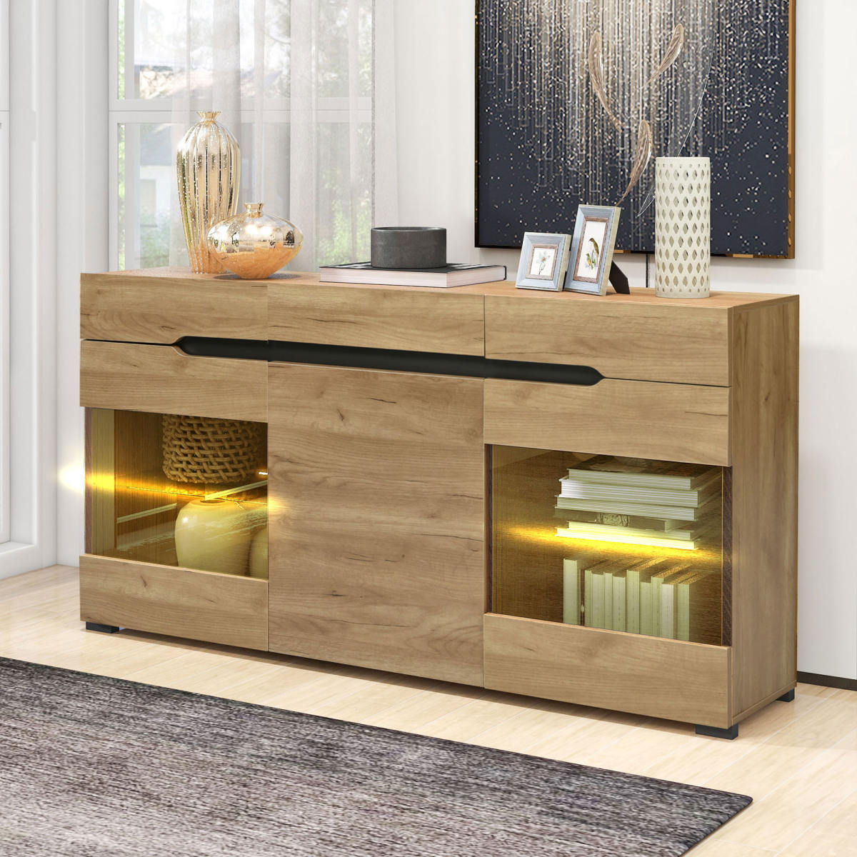 LED Sideboard Cabinet Modern Living Room Credenza Furniture 3 Doors 3 Drawers Modern Dresser With Plenty Of Storage For Your Living Area
