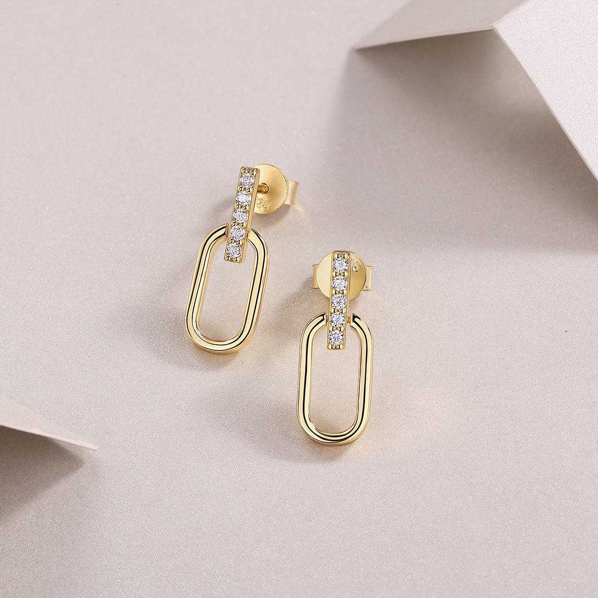 S925 Sterling Silver Gold Plated Geometric Link Earrings, D-VVS1 Moissanite Pave Bar, 2.1g Women's Jewelry Gift Box