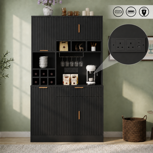 Sideboard, Dining Room Tall Cabinet 100x40x175 Cm, Multi-tiered Storage Space, Integrated Power Outlet And USB-C And USB-A Ports, Including Wine Glass Rack And Bottle Storage, Black