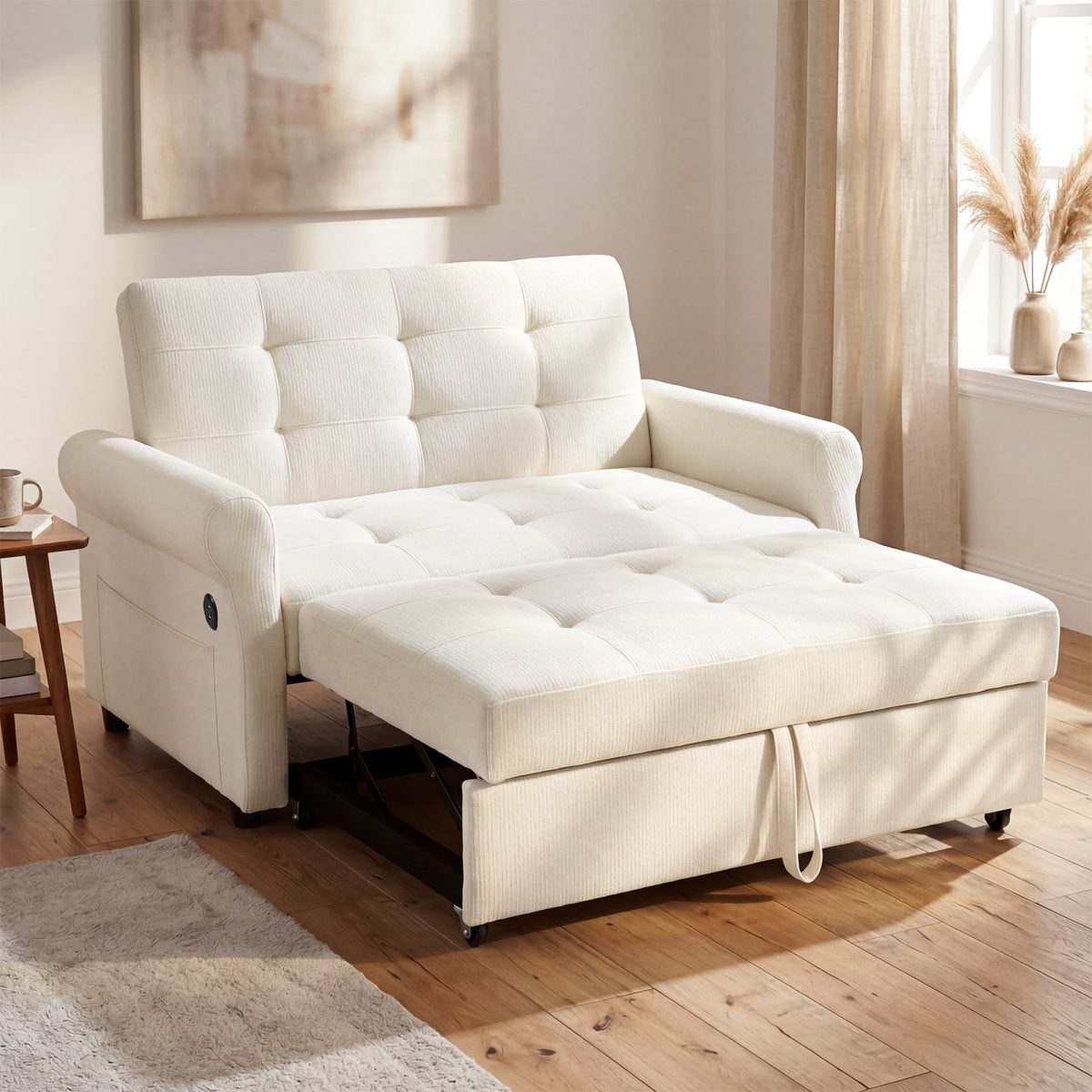 Convertible Pull Out Sofa Bed, 2 Seater Sleeper Loveseat With Side Storage Pocket, Multi-Functional Fold Out Guest Couch With Rolling Casters, Space Saving Sofa Sleeper For Small Apartment.