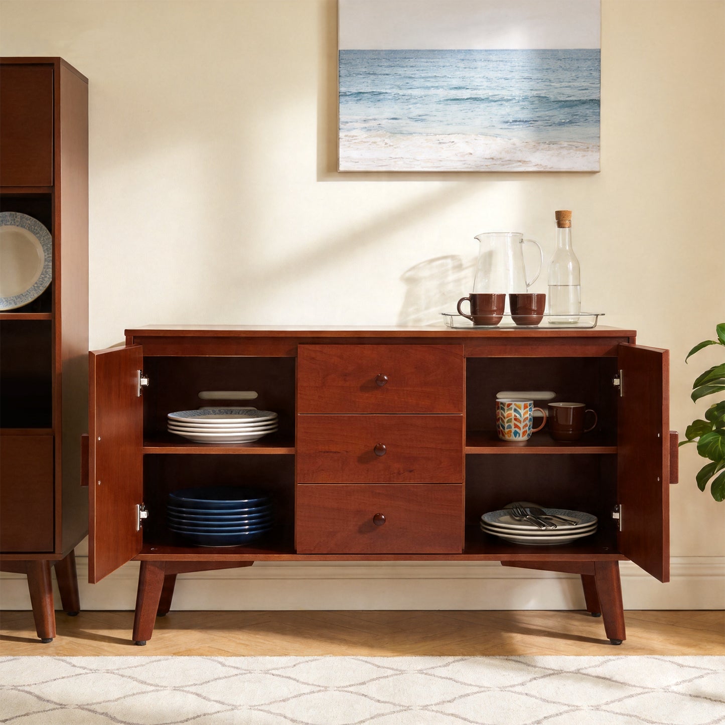 47.3  Mid Century Modern Sideboard Buffet Cabinet, Kitchen Buffet Cabinet With Solid Wood Frame Legs & Wooden Handle, Storage Cabinet With 2 Doors And 3 Drawers For Kitchen,Dining,Living Room, Walnut