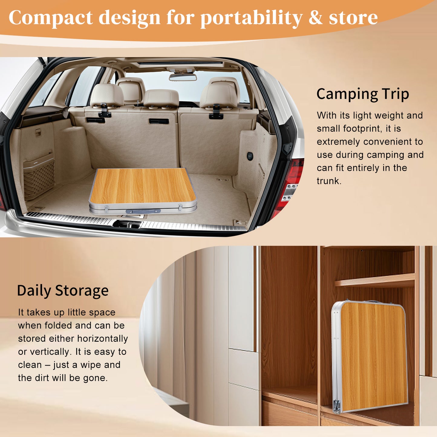 4FT Adjustable Height Folding Table, 120-60cm Portable Aluminum Foldable Camping Table Wood Grain Utility Table For Picnic BBQ Party Indoor Outdoor