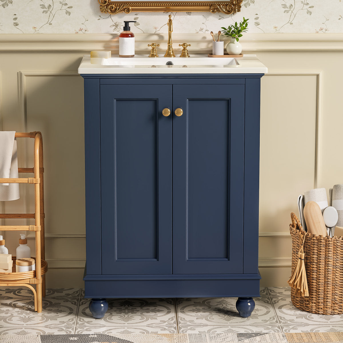 24 inch Modern Bathroom Vanity Cabinet, Simple & Elegant Design with Soft-Closing Storage, Adjustable Shelf, Bathroom Vanity with Ceramic Sink