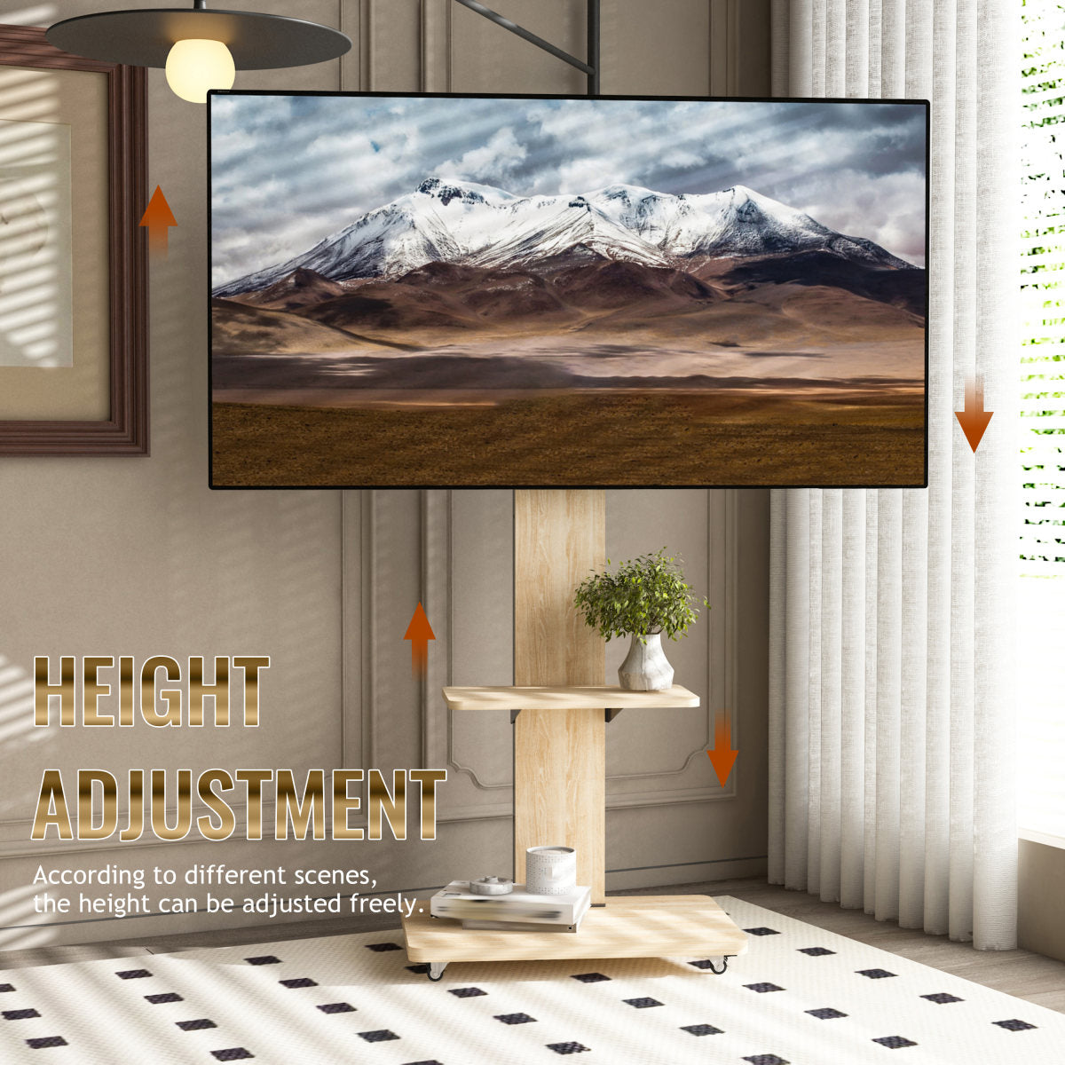 TV Stand With Shelf For Living Room, Bedroom,Offices,Mobile TV Cart For 32-75 Inches,Floor Stand With Mount On Lockable Wheels,Natural