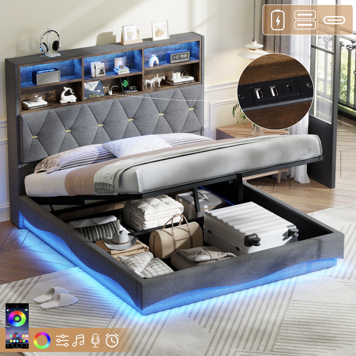 5ft King Upholstered Bed Frame With Hydraulic Storage, Wavy LED Heightened Headboard With Charging Station, USB And Type - C Ports, Linen, No Box Spring Needed, Grey  No Mattress