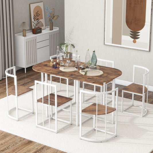 TOPMAx Modern 7- Piece Dining Table Set With Faux Marble Compact 55Inch Kitchen Table Set For 6  White Cherry
