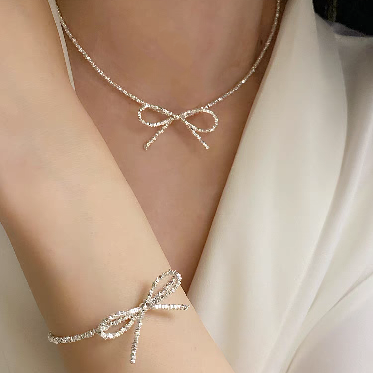 1 Set 999 Sterling Silver Bow Necklace And Bracelet Set, Shiny Minimalist Style, Perfect For Daily Wear And Valentine's Gift