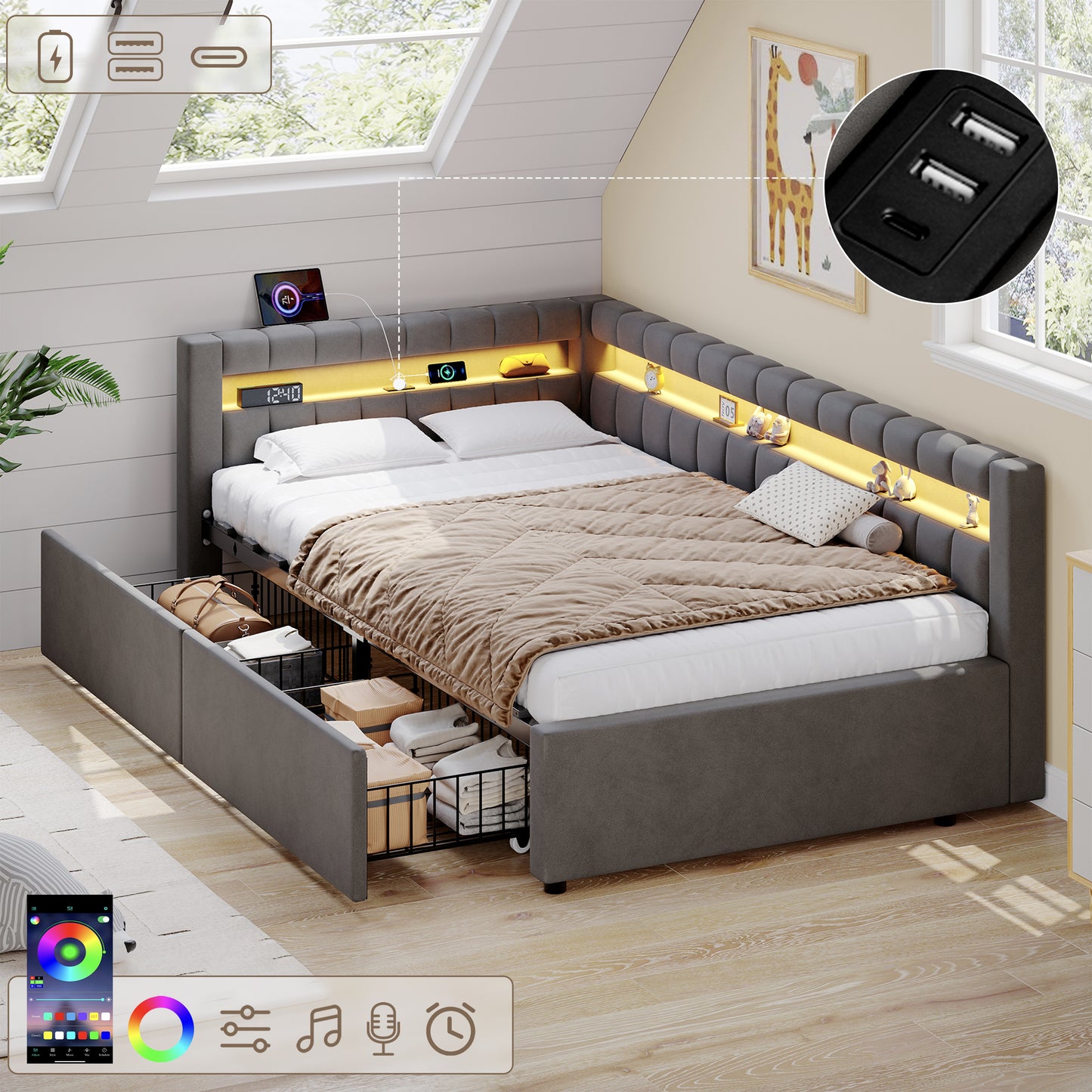 3ft Single Daybed With Two Storage Drawers, LED Modern Channel Tufted Bed Frame With Charging Station, Velvet Sofa Bed For Living Room Bedroom Study Room, 90X190cm, Easy Assembly, Grey No Mattress