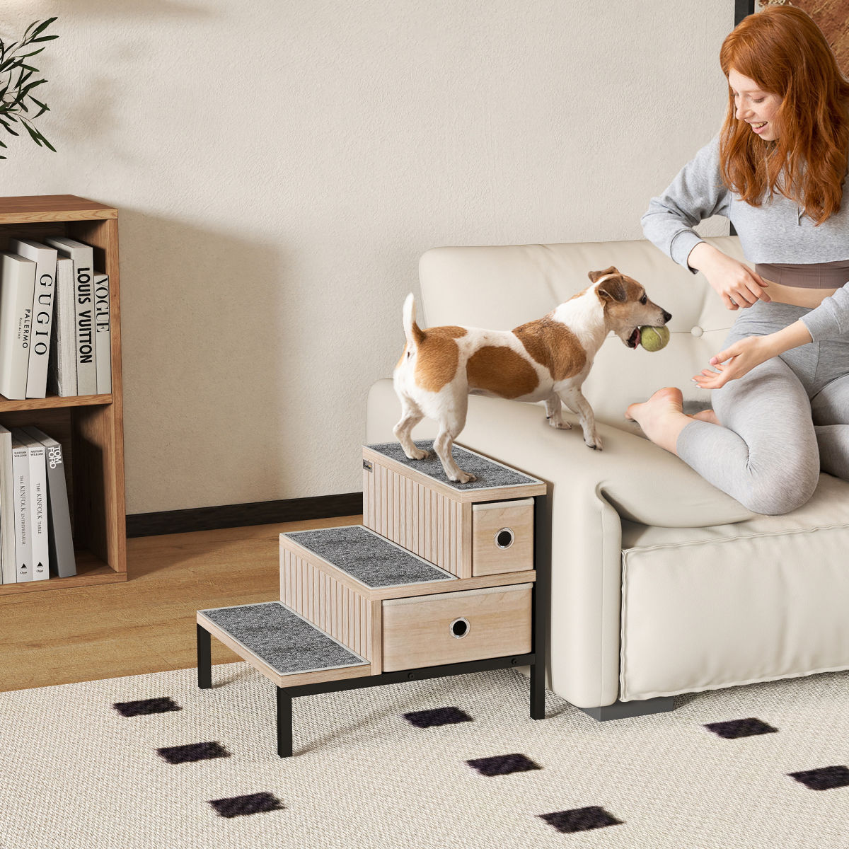 PawHut Dog Stairs With Storage, Non-Slip Cover, Pet Steps For Small Dogs & Older Cats, For Sofa, High Bed, Oak Tone