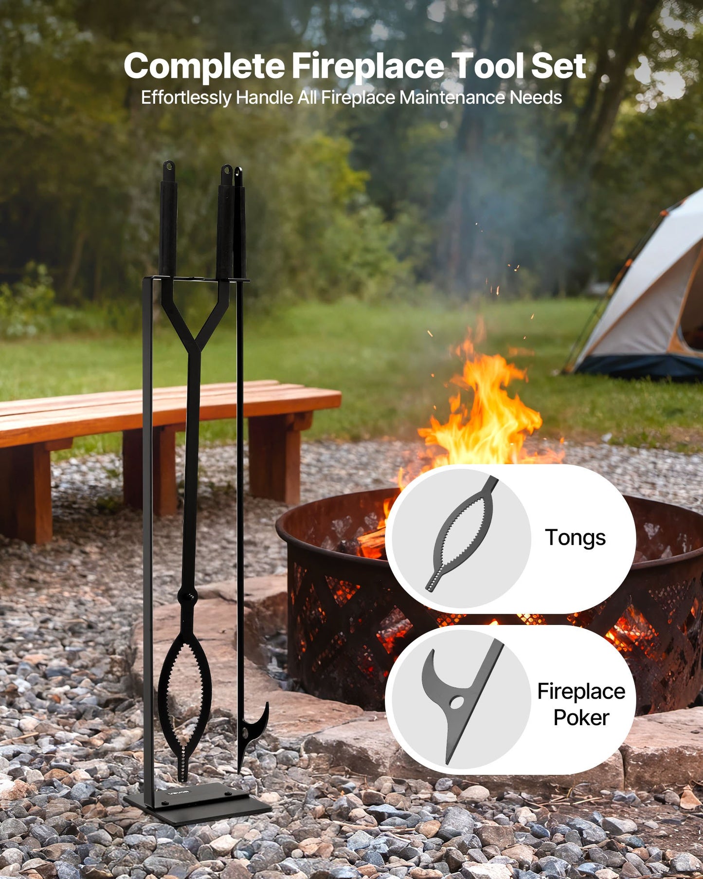 Fireplace Tool Set, 3 PCS Fire Tool Set And Holder With Stand, Tongs, Fire Place Poker, Wrought Iron Fireplace Accessories For Campfire Backyard Bonfire Indoor/Outdoor, Black