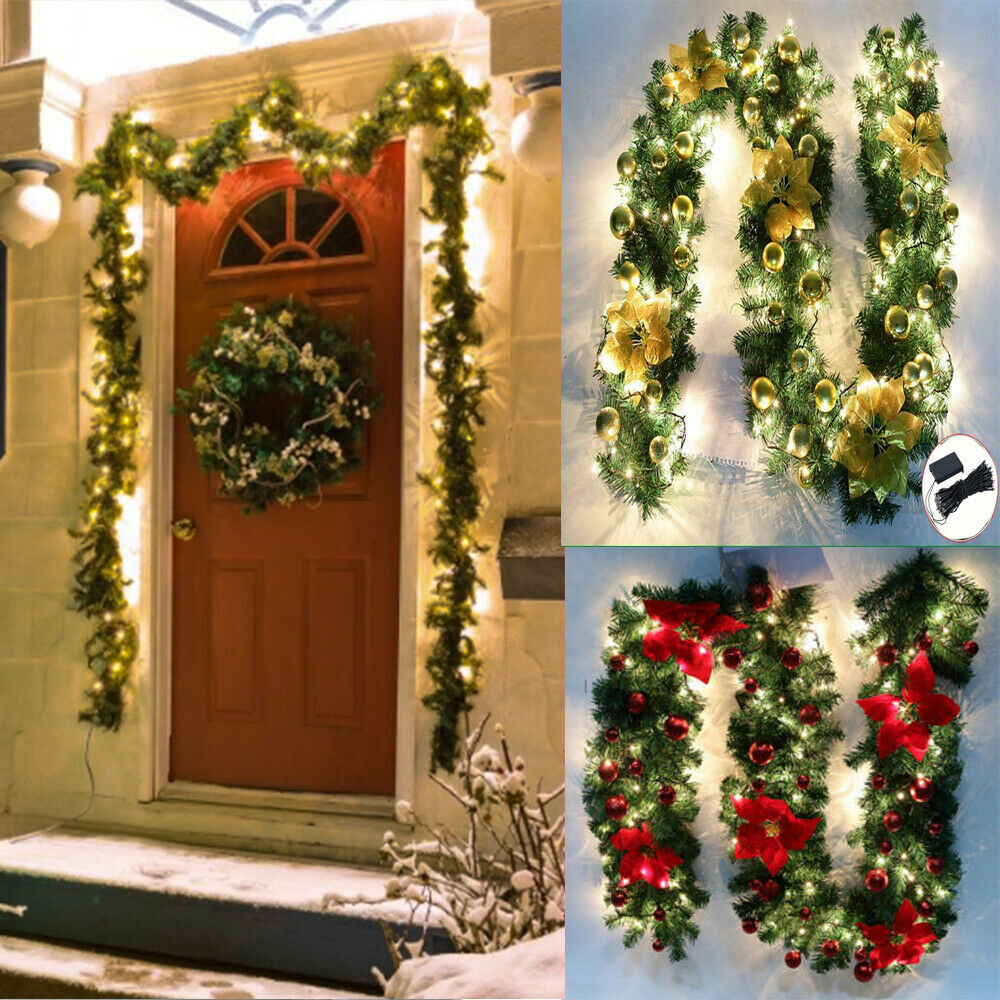 9FT Xmas Christmas Garland Artificial Wreath With LED Lights Stairs Home Rattan,The Style Shipped Is The Same As The Color In The Main Picture.