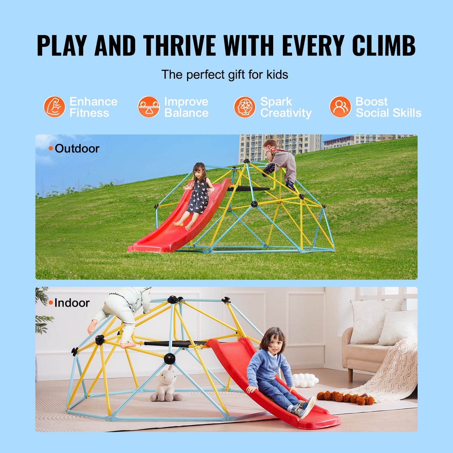 Climbing Dome, 8FT Geometric Dome Climber With Slide, For Kids 3 To 9 Years Old, Jungle Gym Supports 600LBS And Easy Assembly, With Climbing Grip, Outdoor And Indoor Play Equipment For Kids