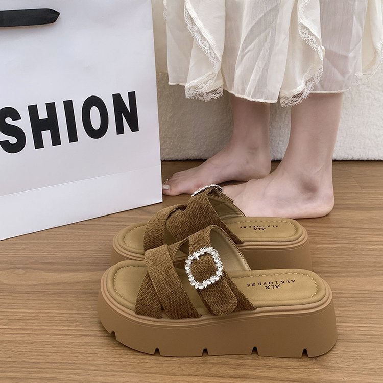 Thick Soled Sandals For Women In Summer, Retro Boken One Line Drag, Sponge Cake Beach Sandals For Outdoor Wear