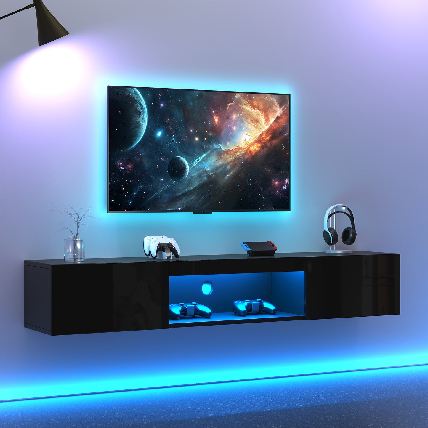 160x31x22cm High Gloss Hanging Cabinet,TV Stand And TV Cabinet With LED Lighting, Lowboard, TV Table,TV Board, TV Dresser,Wall Mounted TV Stand, For 70 Inch TV, 35kg Carrying Capacity, Black