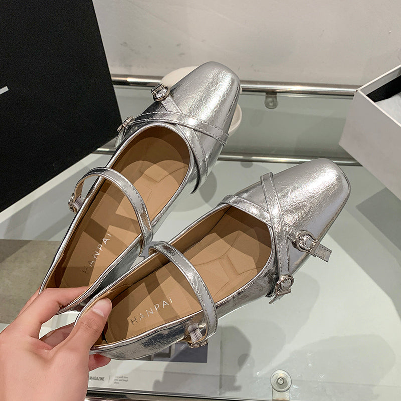 2026 Spring Summer New Women's French Square Toe Mary Jane Flats With Hidden Heel, Elegant Silver Single Shoes With Single Strap Buckle